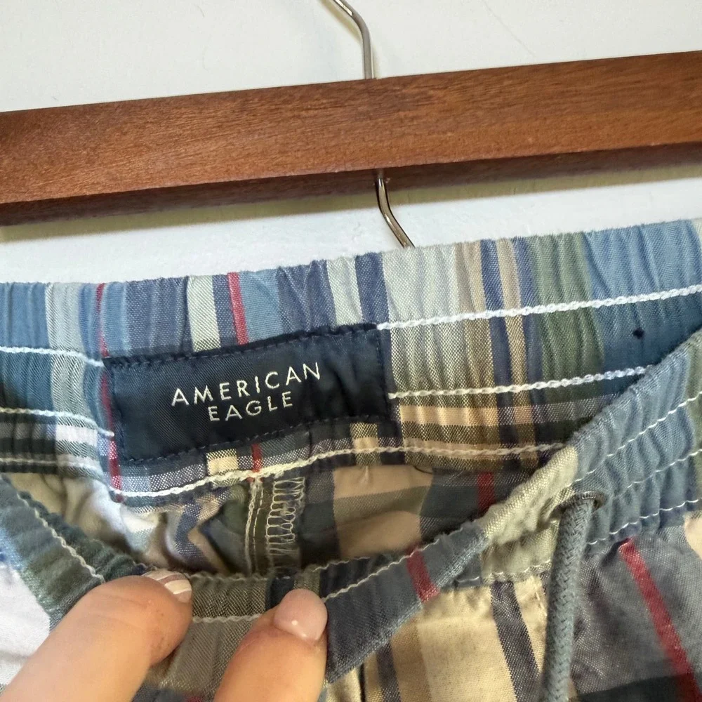 American Eagle‎ Classic Plaid Drawstring Shorts Size M Blue Green